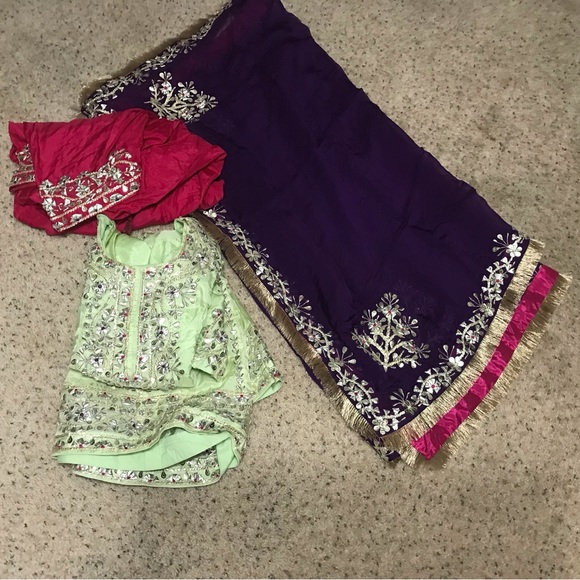 Pista color kameez pink salwar purple four sides full duppata - Picture 3 of 9